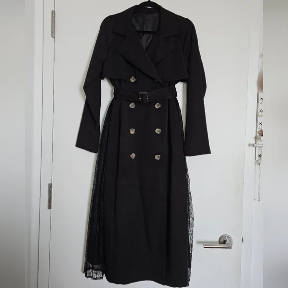 Resexxy Gyaru Black Trench Coat Pleated Lace Panel Sides Tortoise Shell Buttons - Picture 3 of 14